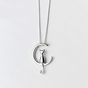 NEW 925 Sterling Silver Cat Moon Necklace